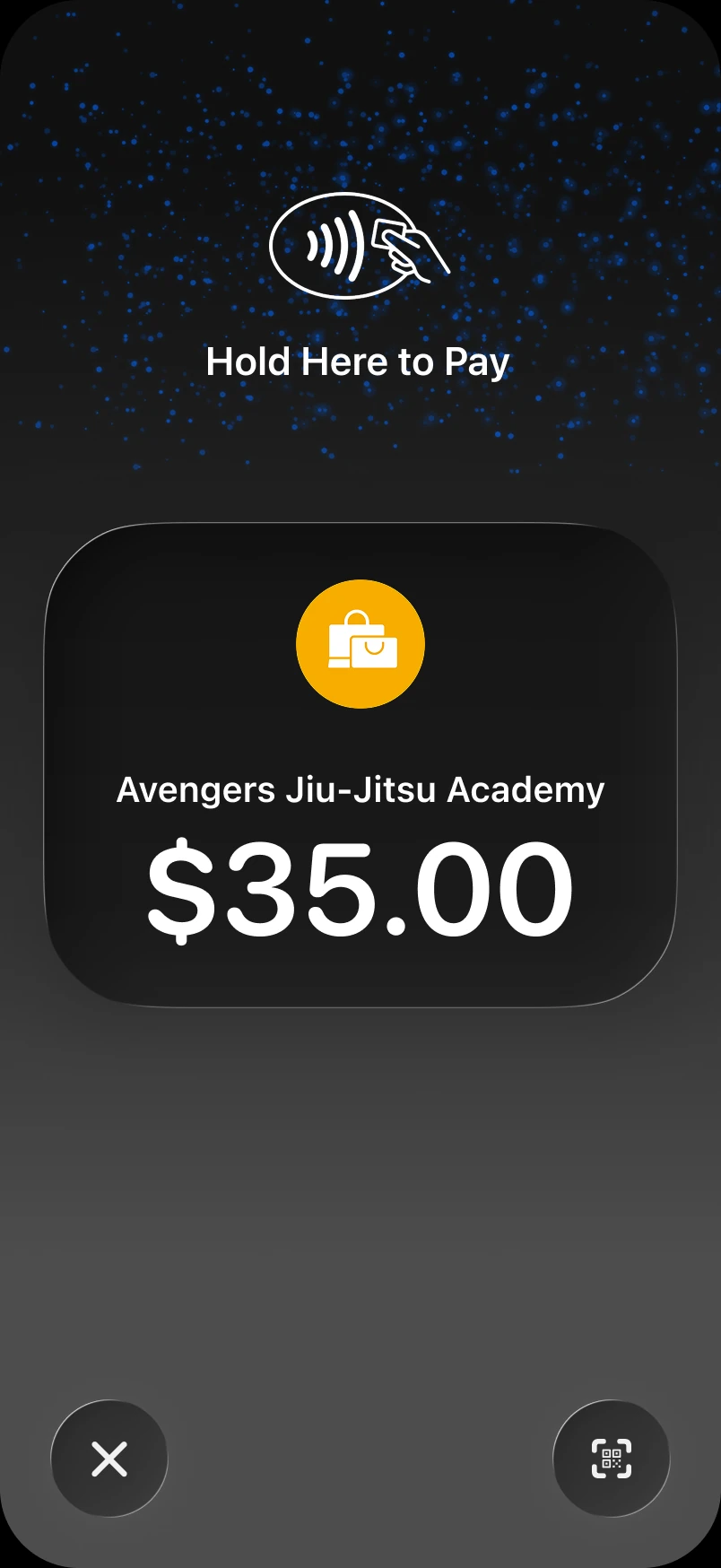 Tap to Pay on iPhone prompt: Hold Here to Pay, Avengers Jiu-Jitsu Academy, $35.00